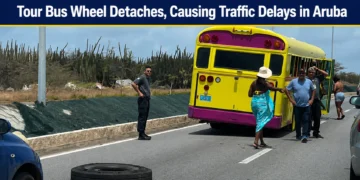 Tour Bus Wheel Detaches, Causing Traffic Delays in Aruba tour bus wheel detaches
