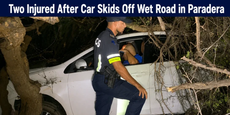 Two Injured After Car Skids Off Wet Road in Paradera two injured