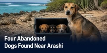 Rescued mother dog and three puppies near Aruba’s Arashi coast