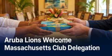 Aruba Lions Welcome Massachusetts Club Delegation International Lions club members meeting at a community hall in Aruba