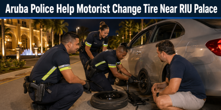Aruba Police Help Motorist Change Tire Near RIU Palace