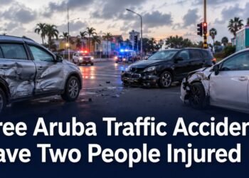 Emergency response at an Aruba road intersection after traffic accidents