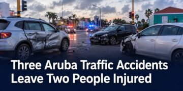 Emergency response at an Aruba road intersection after traffic accidents