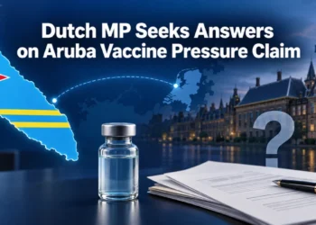 News graphic about Dutch questions concerning reported vaccine pressure in Aruba