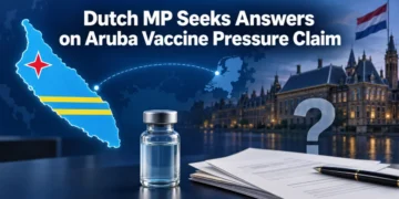 News graphic about Dutch questions concerning reported vaccine pressure in Aruba