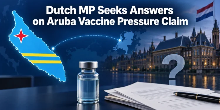 News graphic about Dutch questions concerning reported vaccine pressure in Aruba