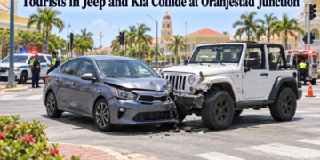 Tourists in Jeep and Kia Collide at Oranjestad Junction