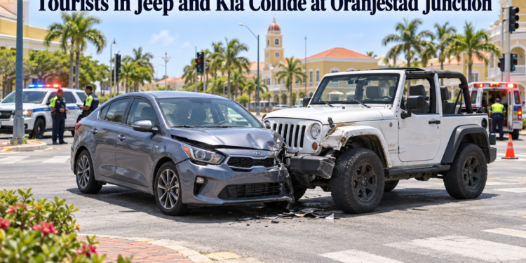Tourists in Jeep and Kia Collide at Oranjestad Junction