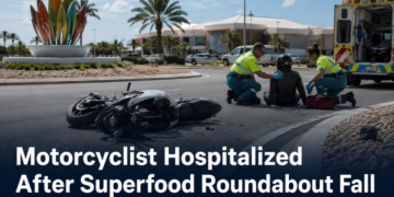 Motorcyclist Hospitalized After Superfood Roundabout Fall