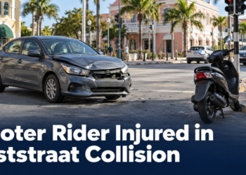 Car and scooter at an Aruba intersection after a collision