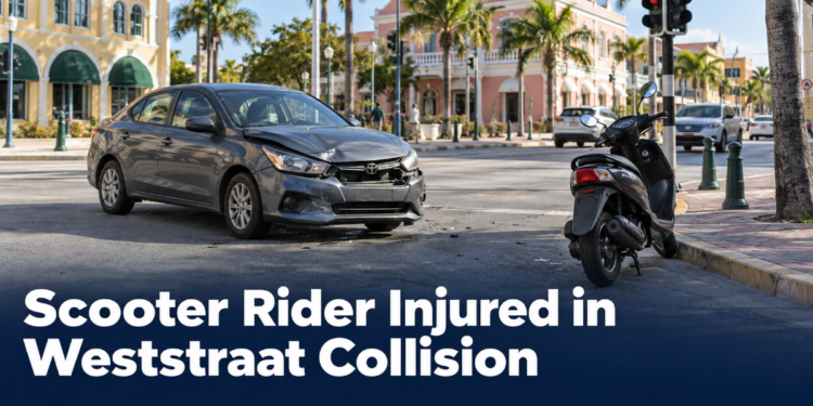 Car and scooter at an Aruba intersection after a collision