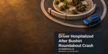 Editorial illustration of a miniature roundabout model with a generic car; not a map or photograph of the Bushiri crash.