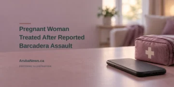 Pregnant Woman Treated After Reported Barcadera Assault Editorial illustration of a phone and first-aid pouch in a quiet interior; no person or assault scene depicted.