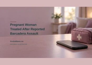 Editorial illustration of a phone and first-aid pouch in a quiet interior; no person or assault scene depicted.