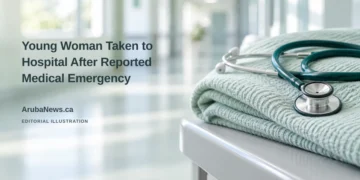 Young Woman Taken to Hospital After Reported Medical Emergency Editorial illustration of a folded hospital blanket and stethoscope on a clinical table; no patient or emergency scene depicted.