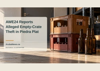 Editorial illustration of unbranded empty bottle crates and glass bottles in a stockroom; not evidence or footage of the Piedra Plat allegation.