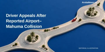 Conceptual editorial illustration of a road joining two roundabouts; not a map or photograph of the reported collision.