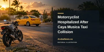 Editorial illustration of a generic taxi and motorcycle on an Aruba roadside, not a photograph of the Caya Musica collision.