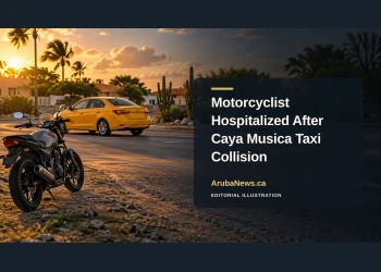 Editorial illustration of a generic taxi and motorcycle on an Aruba roadside, not a photograph of the Caya Musica collision.