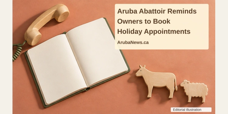 Aruba Abattoir Reminds Owners to Book Holiday Appointments Conceptual editorial still life of a blank appointment notebook, wooden telephone handset and farm-animal silhouettes, with the article headline and ArubaNews.ca branding.