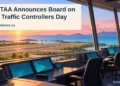 ACTAA Announces Board on Air Traffic Controllers Day Editorial illustration of an empty generic air-traffic control room overlooking a Caribbean runway at sunrise, with the ACTAA board announcement headline.