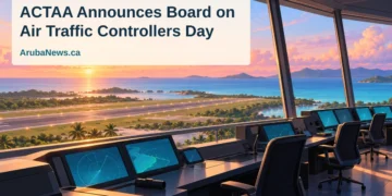 Editorial illustration of an empty generic air-traffic control room overlooking a Caribbean runway at sunrise, with the ACTAA board announcement headline.