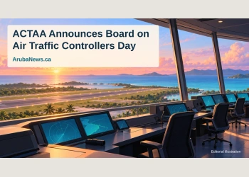 Editorial illustration of an empty generic air-traffic control room overlooking a Caribbean runway at sunrise, with the ACTAA board announcement headline.