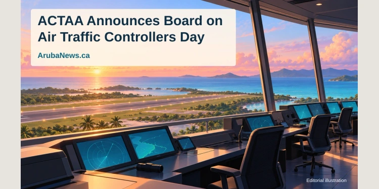 Editorial illustration of an empty generic air-traffic control room overlooking a Caribbean runway at sunrise, with the ACTAA board announcement headline.