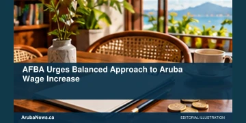 AFBA Urges Balanced Approach to Aruba Wage Increase Conceptual editorial illustration: A modest empty restaurant table beside a blank budget notebook and a few unmarked coins, daylight from a window, warm terracotta and olive palette, low oblique perspective. Not a photograph of the actual people, event or location.