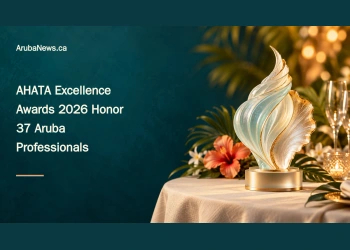 Editorial illustration of a generic seashell-inspired award on a warmly lit hospitality celebration table; not a photograph of the AHATA ceremony or its actual trophy.