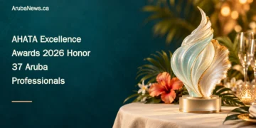 Editorial illustration of a generic seashell-inspired award on a warmly lit hospitality celebration table; not a photograph of the AHATA ceremony or its actual trophy.