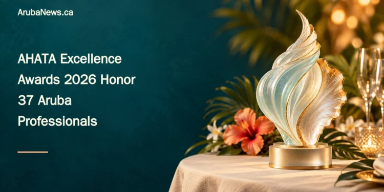 AHATA Excellence Awards 2026 Honor 37 Aruba Professionals Editorial illustration of a generic seashell-inspired award on a warmly lit hospitality celebration table; not a photograph of the AHATA ceremony or its actual trophy.