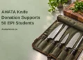 AHATA Knife Donation Supports 50 EPI Students Conceptual editorial illustration of a professional culinary student knife roll open safely on a spotless training kitchen counter beside fresh herbs and a wooden chopping board, with the article headline and ArubaNews.ca branding.