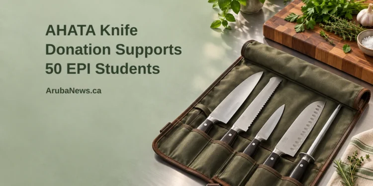 AHATA Knife Donation Supports 50 EPI Students Conceptual editorial illustration of a professional culinary student knife roll open safely on a spotless training kitchen counter beside fresh herbs and a wooden chopping board, with the article headline and ArubaNews.ca branding.