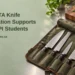 Conceptual editorial illustration of a professional culinary student knife roll open safely on a spotless training kitchen counter beside fresh herbs and a wooden chopping board, with the article headline and ArubaNews.ca branding.