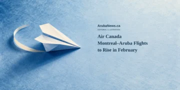 Conceptual cyanotype-style editorial illustration of a generic folded paper airplane on icy-blue paper, with the headline Air Canada Montreal–Aruba Flights to Rise in February and ArubaNews.ca branding.