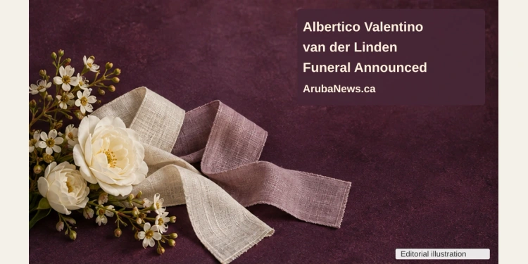 Conceptual memorial illustration of white flowers and blank folded linen ribbons on a plum tabletop, with the article headline and ArubaNews.ca branding; not a photograph of the person or funeral.