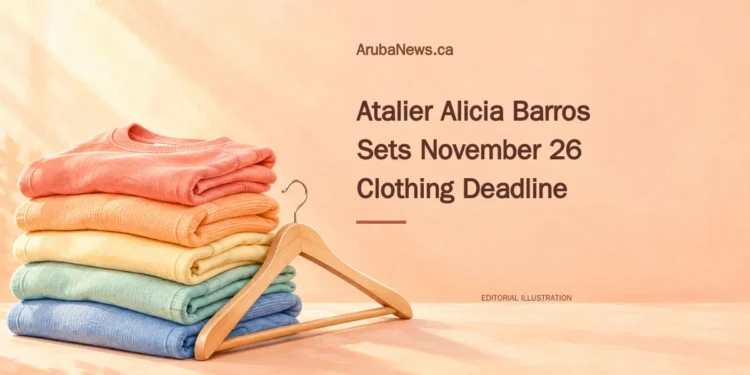 Editorial illustration of folded clothing and a wooden hanger, representing garments awaiting collection; not a photograph of the atelier.
