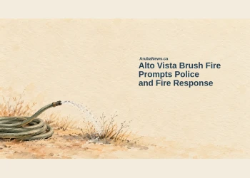 Conceptual watercolor-charcoal illustration of a coiled garden hose and an arc of water over abstract grass, with the Alto Vista brush fire headline and ArubaNews.ca branding; not the actual scene or a house fire.