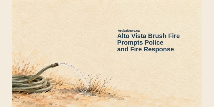 Alto Vista Brush Fire Prompts Police and Fire Response Conceptual watercolor-charcoal illustration of a coiled garden hose and an arc of water over abstract grass, with the Alto Vista brush fire headline and ArubaNews.ca branding; not the actual scene or a house fire.