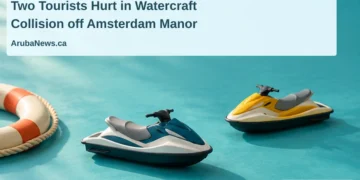 Conceptual editorial illustration of two separated unbranded personal-watercraft models and a life ring on a turquoise surface, with the article headline and ArubaNews.ca branding; not the actual collision.