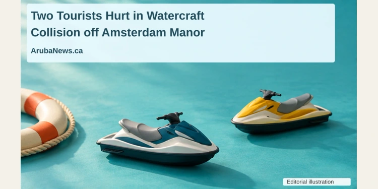 Two Tourists Hurt in Watercraft Collision off Amsterdam Manor Conceptual editorial illustration of two separated unbranded personal-watercraft models and a life ring on a turquoise surface, with the article headline and ArubaNews.ca branding; not the actual collision.