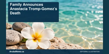 Family Announces Anastacia Tromp-Gomez’s Death Conceptual editorial illustration: A single pale white bloom beside smooth pebbles and softly rippling Caribbean water, gentle morning light, quiet mint and ivory palette, spare off-center composition. Not a photograph of the actual people, event or location.
