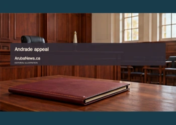 Conceptual editorial illustration; an empty courtroom bench and a closed plain legal folder, oblique view, restrained burgundy and warm wood palette, daylight from high window, ample negative space. Not a documentary image of the reported event.