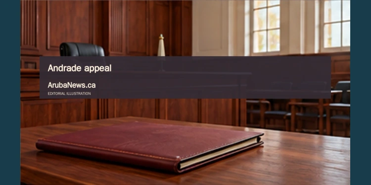 Conceptual editorial illustration; an empty courtroom bench and a closed plain legal folder, oblique view, restrained burgundy and warm wood palette, daylight from high window, ample negative space. Not a documentary image of the reported event.