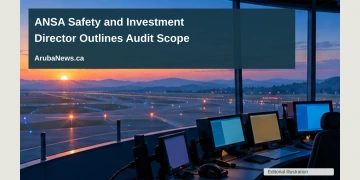 Conceptual editorial illustration of generic air-traffic-control console silhouettes looking toward a distant unmarked runway at dawn; not a documentary photograph of the people, venue or event.
