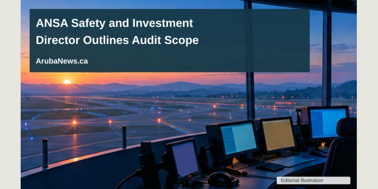 Conceptual editorial illustration of generic air-traffic-control console silhouettes looking toward a distant unmarked runway at dawn; not a documentary photograph of the people, venue or event.