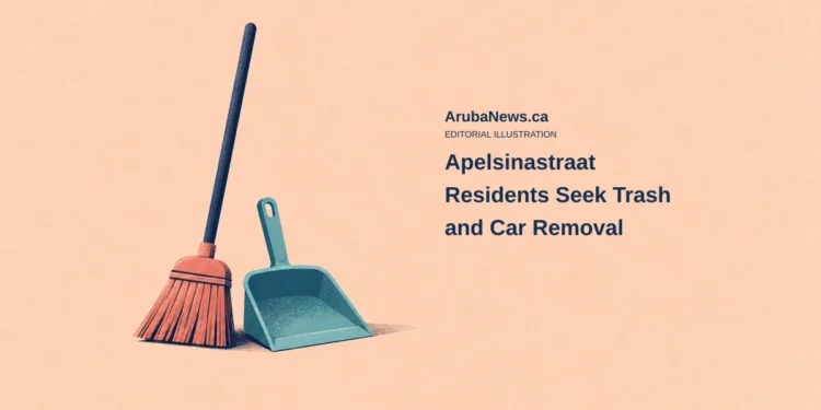 Conceptual editorial illustration of generic cleaning tools; not the actual Apelsinastraat street, its vehicles or rubbish, and not evidence of a completed cleanup.