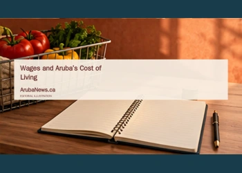Conceptual editorial illustration of a grocery basket, blank household budget notebook and coins; not an actual household budget.