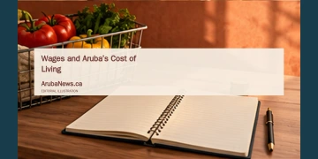 Conceptual editorial illustration of a grocery basket, blank household budget notebook and coins; not an actual household budget.